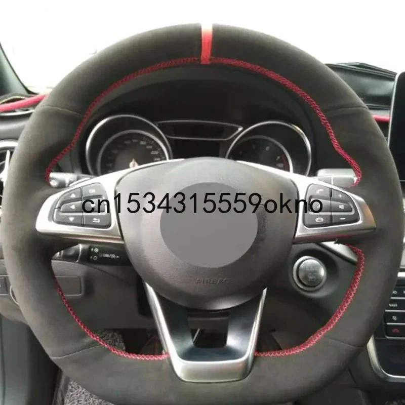 

DIY Black Suede Red Marker Car Steering Wheel Covers For Benz A45 AMG Car Accessories
