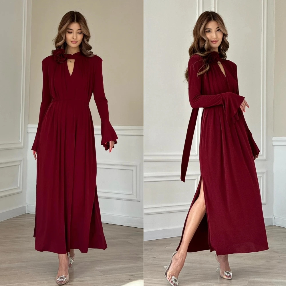 Prom Dress Saudi Arabia Satin Flower Draped Engagement A-line V-Neck Bespoke Occasion Dresses Ankle-Length