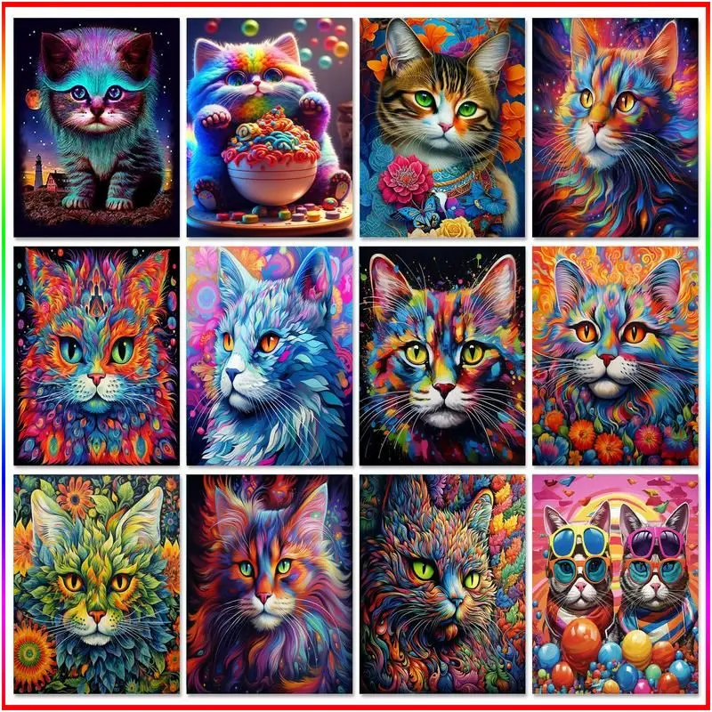 

GATYZTORY Cat Diamond Painting Kits Animal Full Round Drill Mosaic Abstract Art Rhinestones Pictures Home Decoration