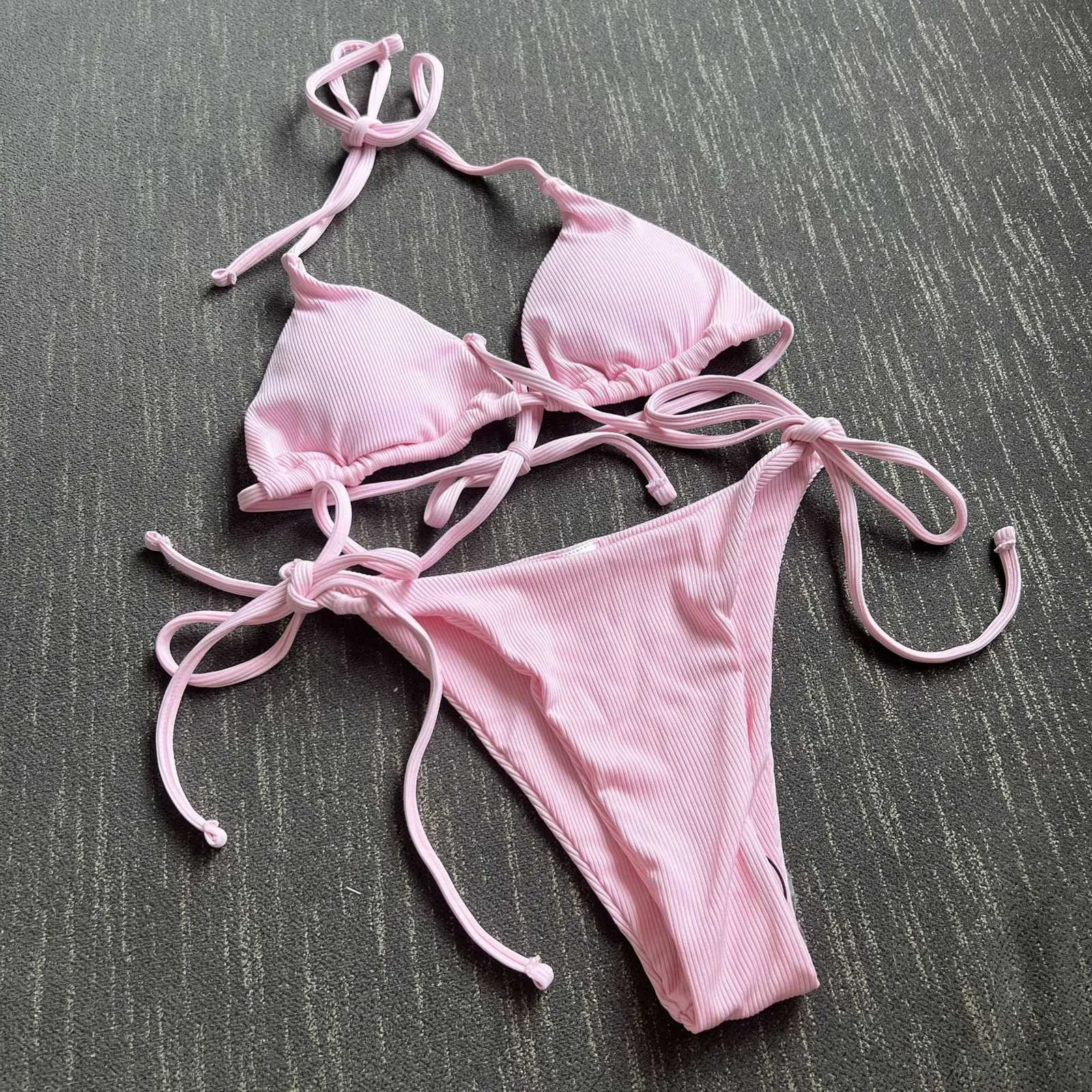 Pink 2 Piece Bikini Set Women Sexy Solid Color High Waist Pit Strip Bikini Push Up Swimsuit Thong Beach Ladies Micro Bikini Set