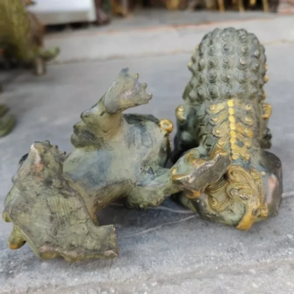 العتيقة القديمة الأسود البرونزية باب فنغشوي الحرس فو فو الكلاب تمثال الأسد زوج #4