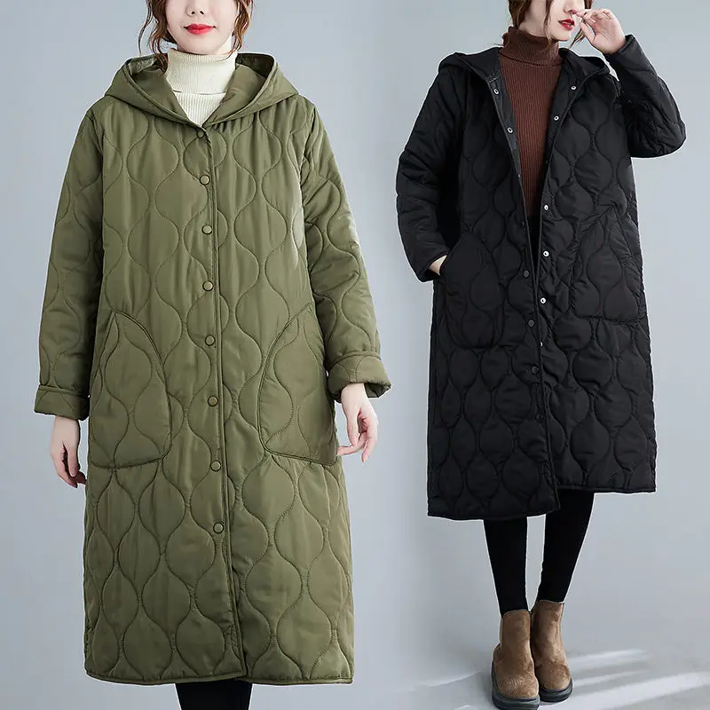 Large Size Women's Autumn Winter Cotton Padded Jacket Thickened Hooded Loose Medium Length Warm Quilted Female Vintage Coat Z84