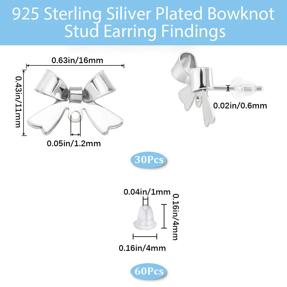30Pcs Earring Findings 925 Sterling Silver Plated Bowknot Stud Earring Posts with Loop Plastic Ear Backs for Jewelry Making DIY
