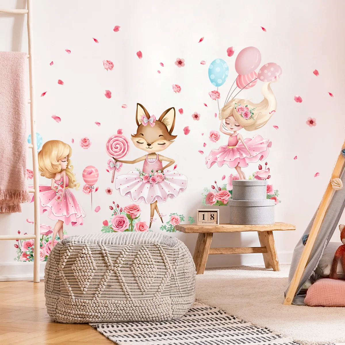 

3pcs Pink Cartoon Animal Fox Wall Stickers Kids Room Girl Bedroom Background Decorative Wall Sticker Wallpapers Home Decor Ms556