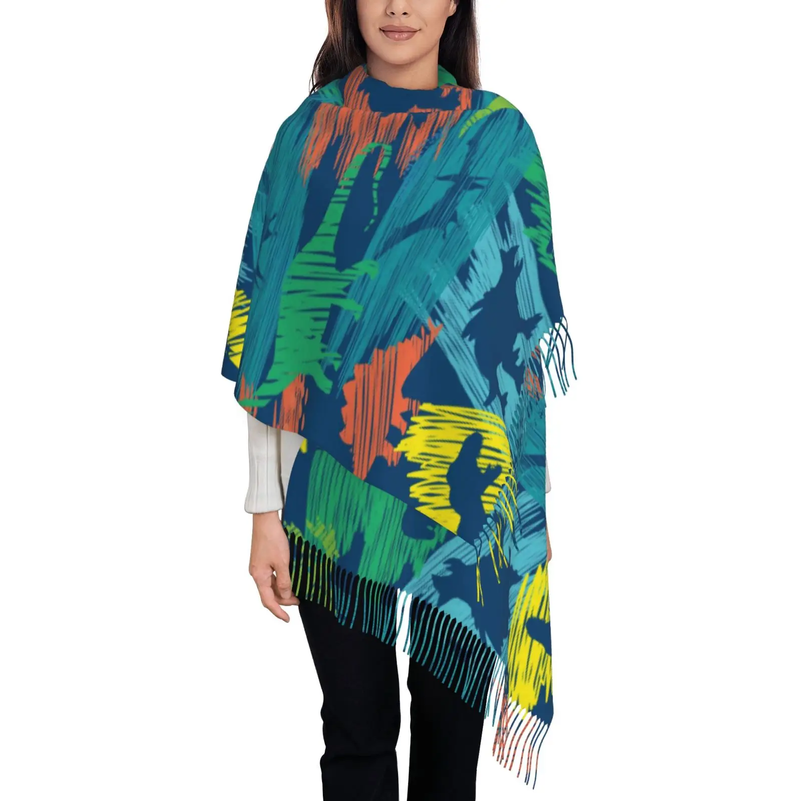 Women Abstract Brush Stroke Print Shawl Scarf, Navy Blue Tassel Large Wrap, Soft Fashion Ladies Art Cape Scarves