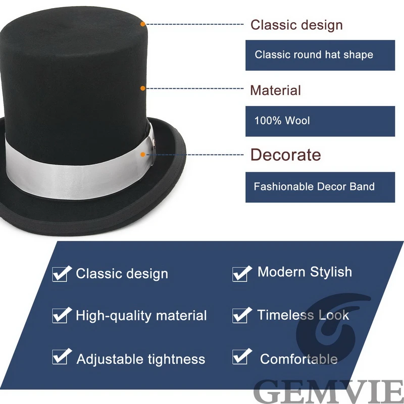 GEMVIE 17cm 100% Wool Felt Top Hat For Men Women Cylinder High Hat Topper Mad Hatter Party Costume Fedora Magician Theater Hat