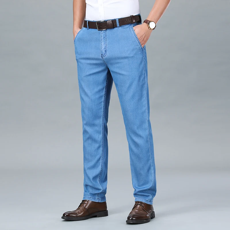 Summer Natural Lyocell Business Jeans Men Thin Classic Stretch Straight Office Denim Pants Male Brand Trousers Plus Size 40 42