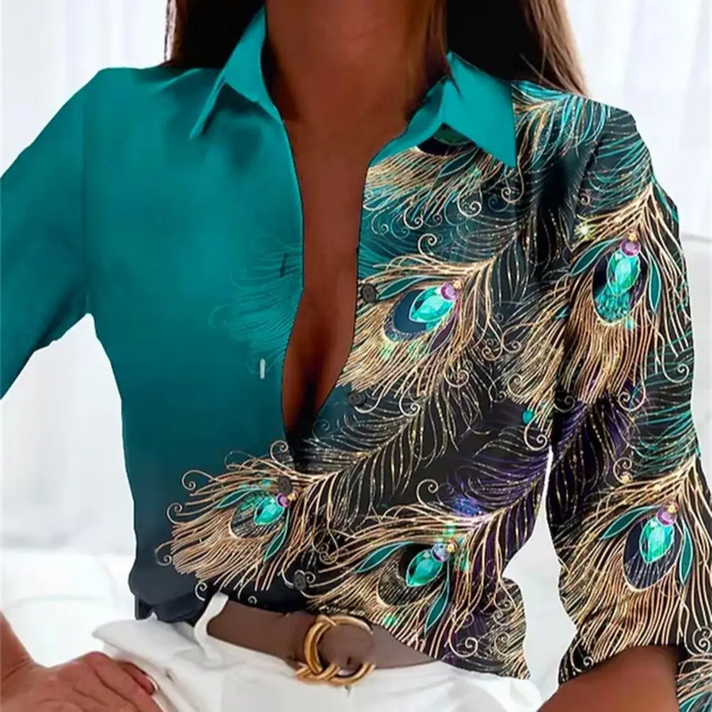 

Women Spring Autumn Shirt Tops Lapel Long Sleeve Faux Gemstone Feather Print Single Breasted Shirt Streetwear