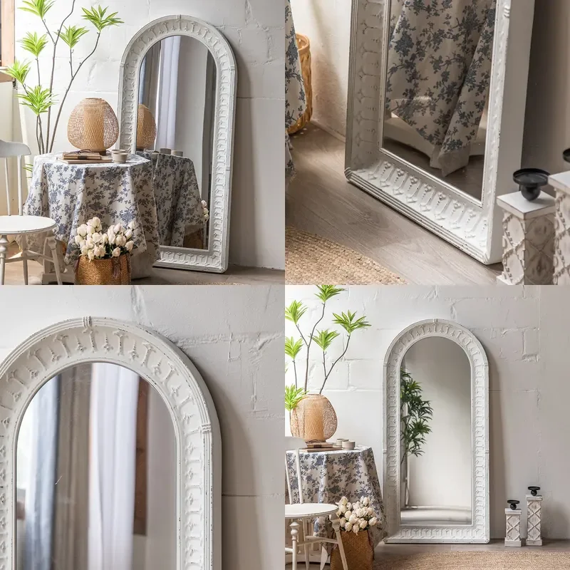 For French Retro Relief Decorative Mirror Household Wrought Iron Floor Full Length Creative Hanging Medieval White Fitting