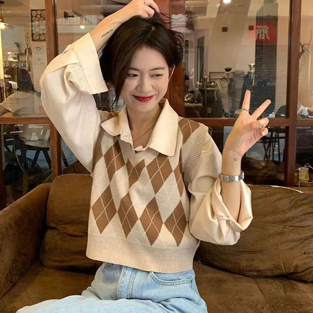 Sleeveless argyle sweater deals