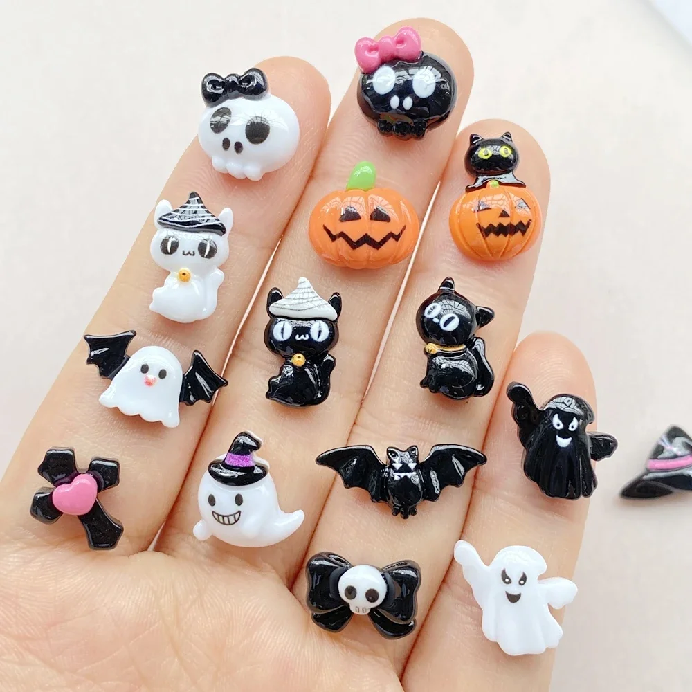 20Pcs Cartoon Halloween cat pumpkin bat ghost skull Nail Art Resin Designer Charms DIY Craft For Nail 3D Decorations Jewelry