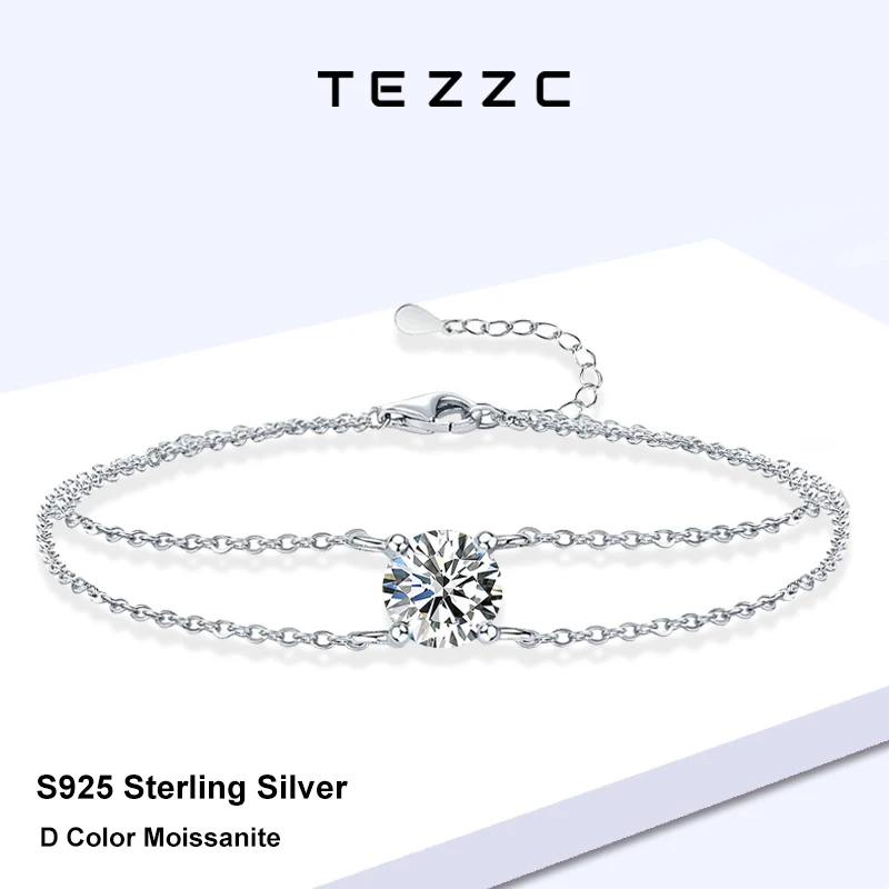

Tezzc Роскошный 1-каратный браслет из муассанита, стерлинговое серебро 925 пробы, сертифицированные браслеты с двойной цепочкой для женщин, подарок, свадебные украшения