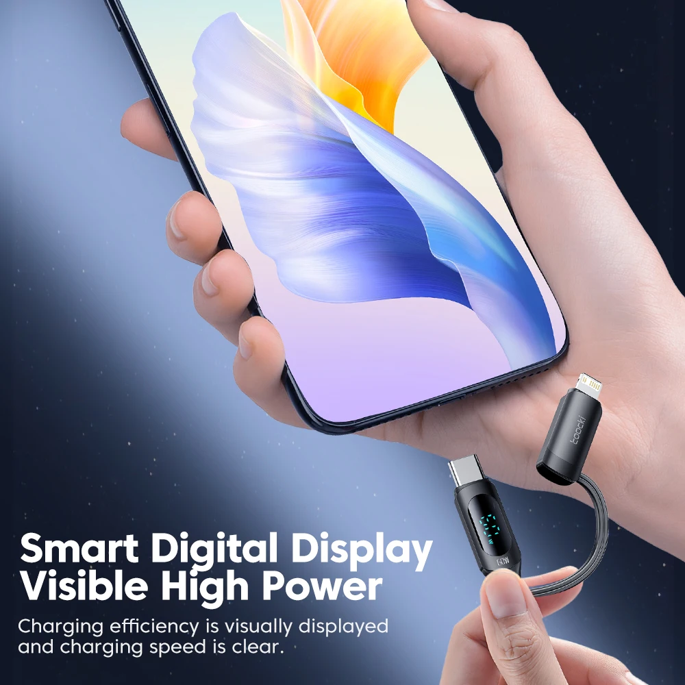 Toocki 4 in 1 USB and Type C Cable to USB C and iP Data Cord PD60W LED Display Fast Charging USB A Wire for iPhone Xiaomi Tablet