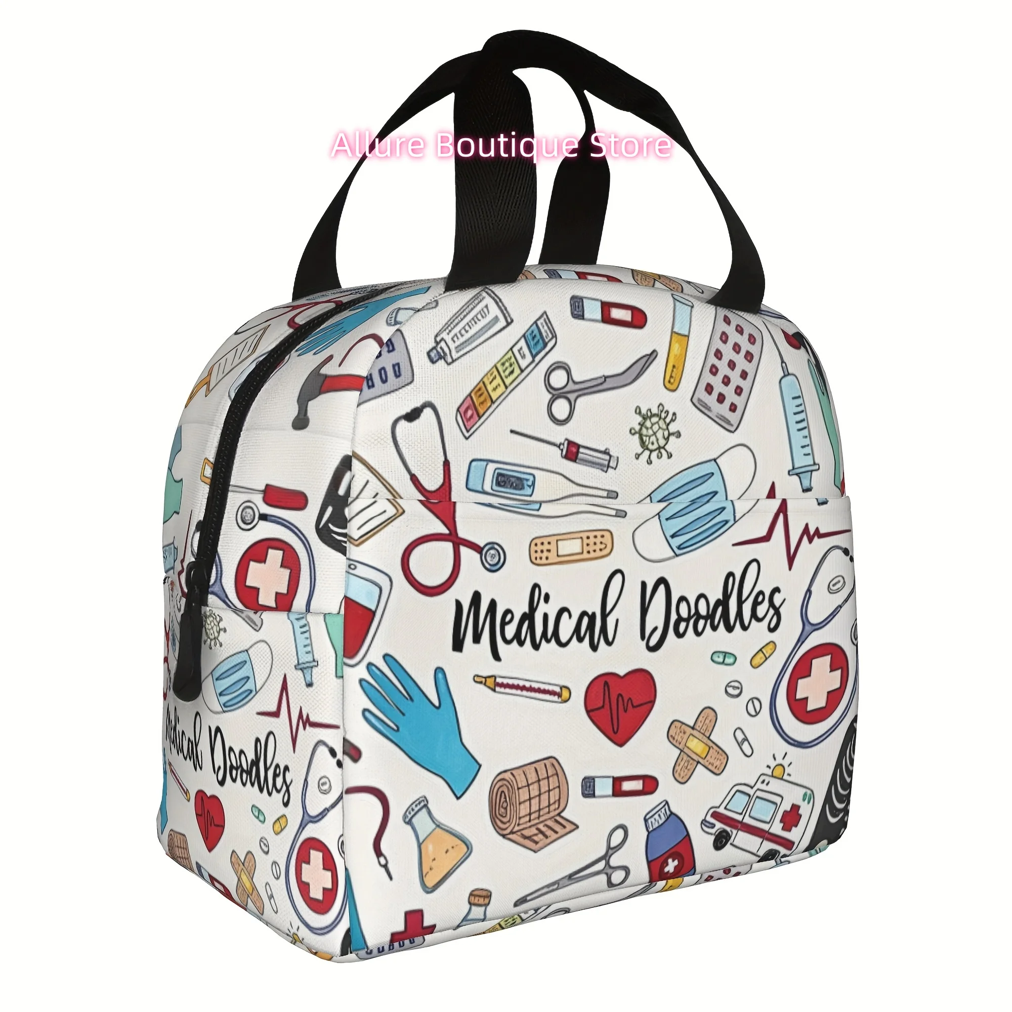 Medical Doodles Insulated Lunch Bag - Reusable, Portable, and Lightweight Oxford Fabric Tote with Healthcare Symbols for Office,