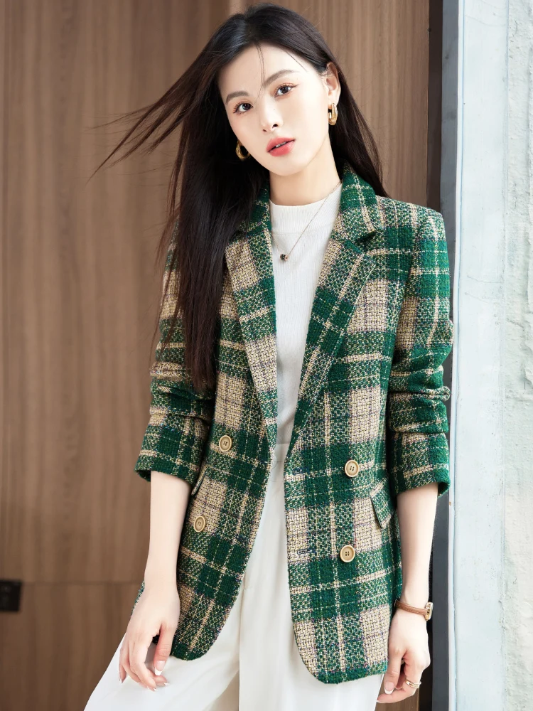 

Зеленое клетчатое утепленное зимнее пальто женское, повседневное, большого размера, шерстяное, в деловом стиле, двубортное, длинное