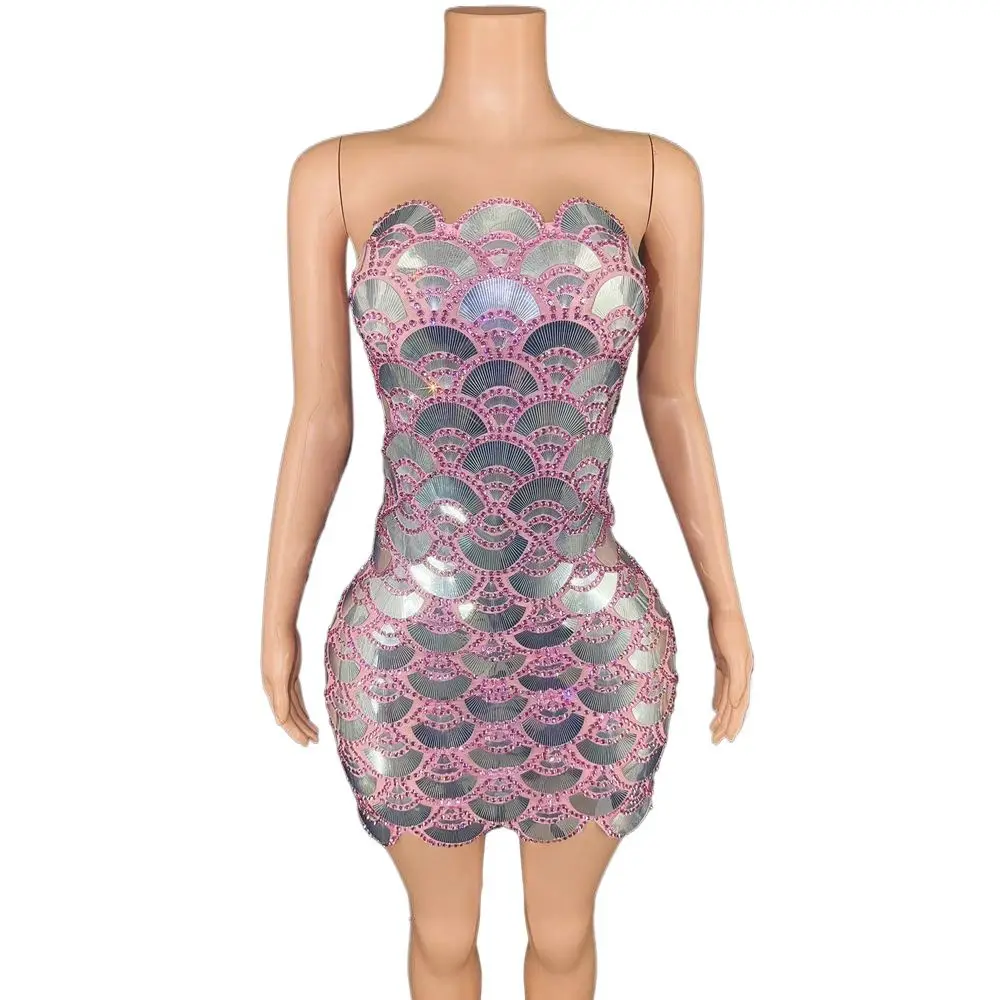 Funkelnde Strass Pailletten Mesh sehen durch Rohr kurzes Kleid für Frauen sexy feiern Geburtstag Abend Ballkleid Fotoshooting