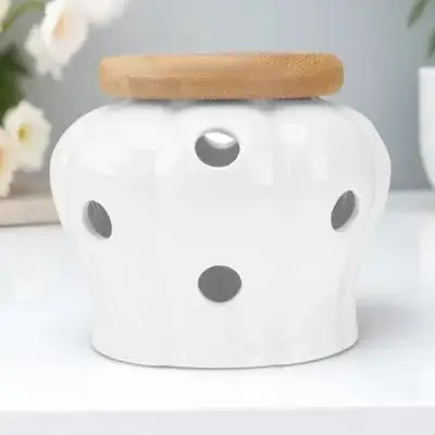 

Ceramic Garlic Container Bamboo Lid Ventilated Design For Garlic Ginger Onion Porcelain Pantry Organizer