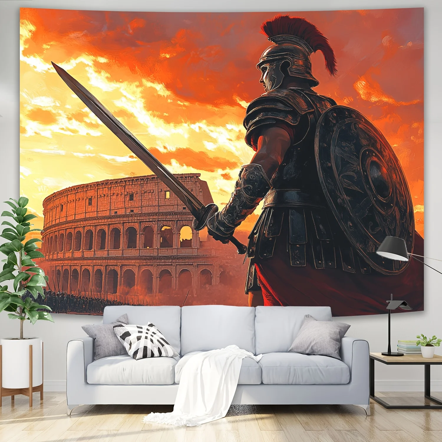 1pc Luxurious Roman Soldier Wall Tapestry with Sword and Shield, Polyester Backdrop Featuring Colosseum, Vibrant Sunset Sky Desi