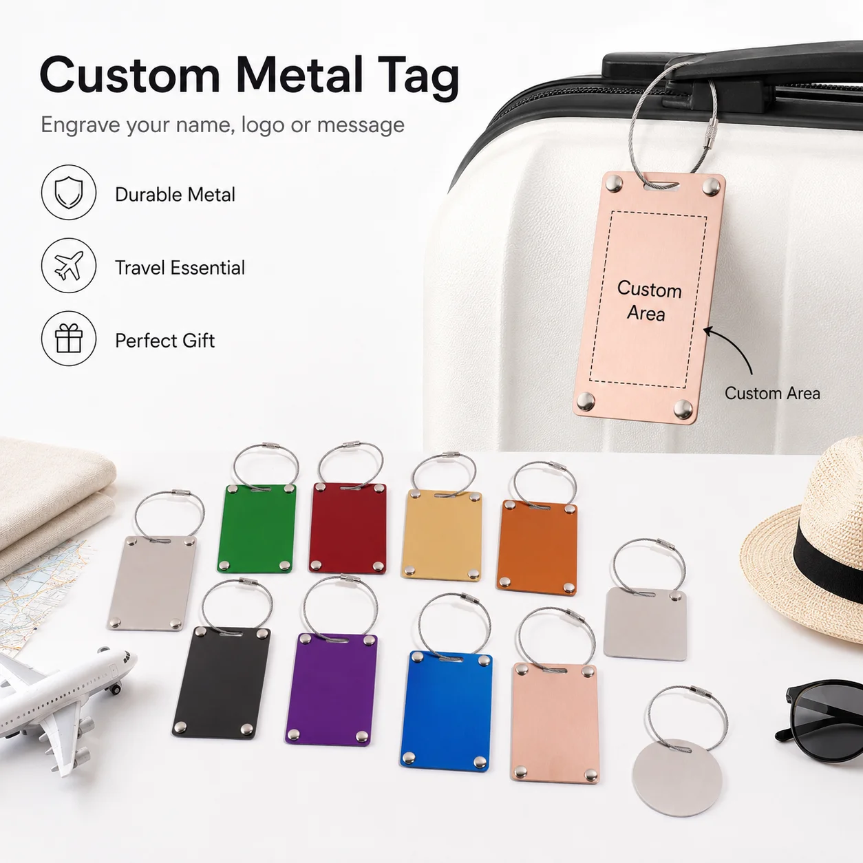 Custom Engraved Aluminum Luggage Tag, Personalized Name/Logo Laser Baggage ID Label for Suitcase Backpack, Travel Gift for Pal