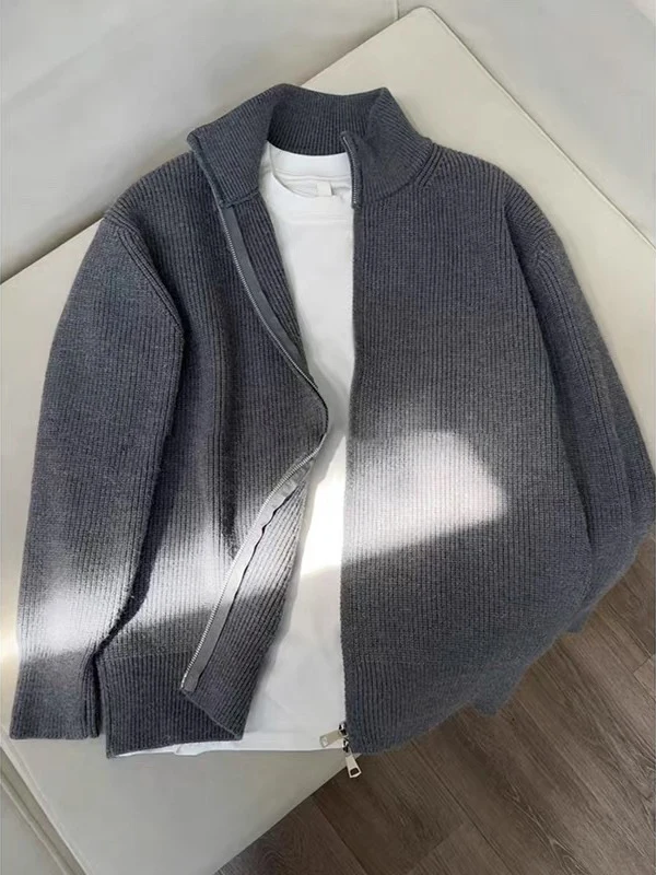 

ay Double Zipper Open Cardigan Men's Autumn High Collar Lazy Knitted Sweater Base irt Loose Fit Comfortable Polyester