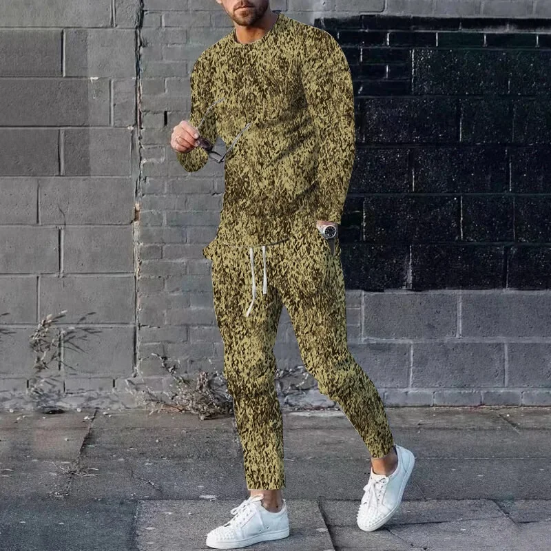 

Camouflage Pattern Men's Long Sleeved T-shirt Set Camouflage Hunting Clothing 3D Printed T-shirt Long Pants Set Two-piece Set