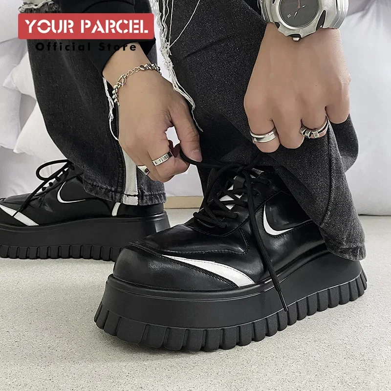 Height increasing casual shoes for men's thick sole high-end feeling sponge sole board shoes black sports style leather shoes