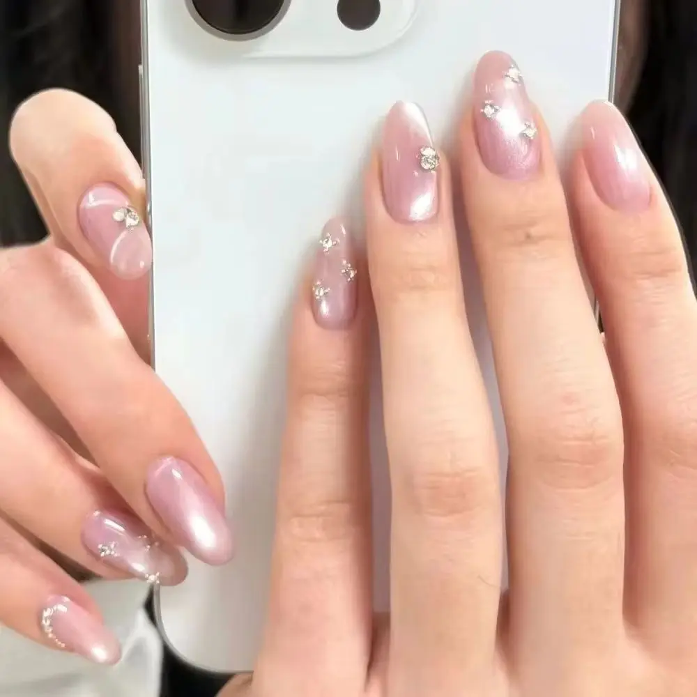 Simple French Aurora Pearlescent Almond Fake Nails Art Cat Eye Long Pointed False Nails Charms Glitter Powder DIY Press on Nails