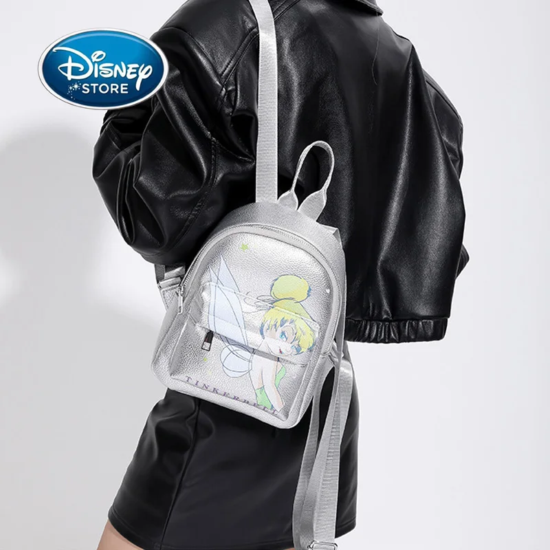 Disney Tinker Bell PU Leather Women Backpack Fashion Printing Small Shopping Backpack