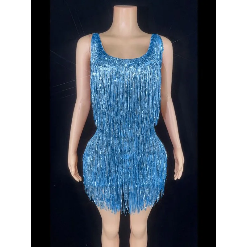 Minigonna attillata senza schienale con nappa Abito da performance sul palco per discoteca DJ Cantante Robe Femme Chic ed elegante Abiti da sera di lusso