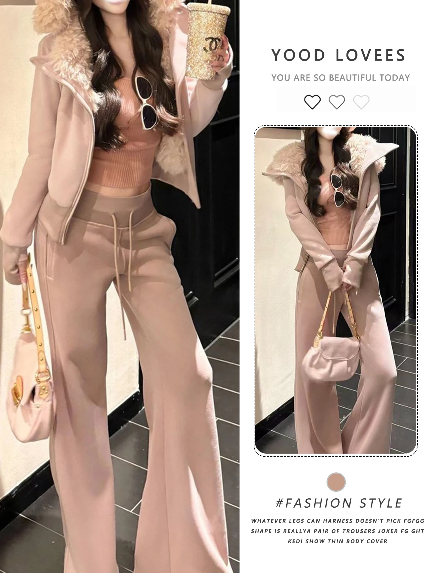 

Korean Style Lazy Casual Straight Leg Pants Two Piece Set Women's Slim Fit Jacket Long Sleeve Zipper Closure Fashion Set