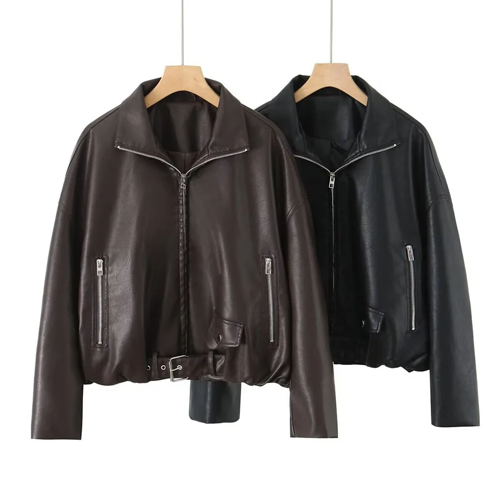 Winter new women's fashion stand up collar long sleeved zipper PU jacket jacket