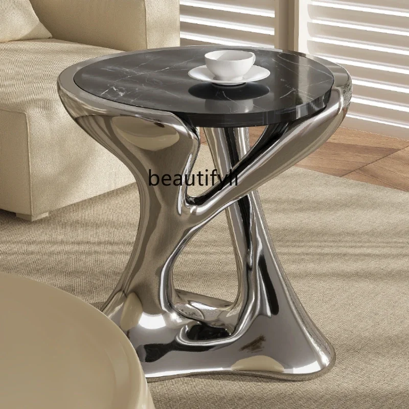 Modern light luxury edge Italian creative electroplated marble coffee table  sofa corner different round small side table