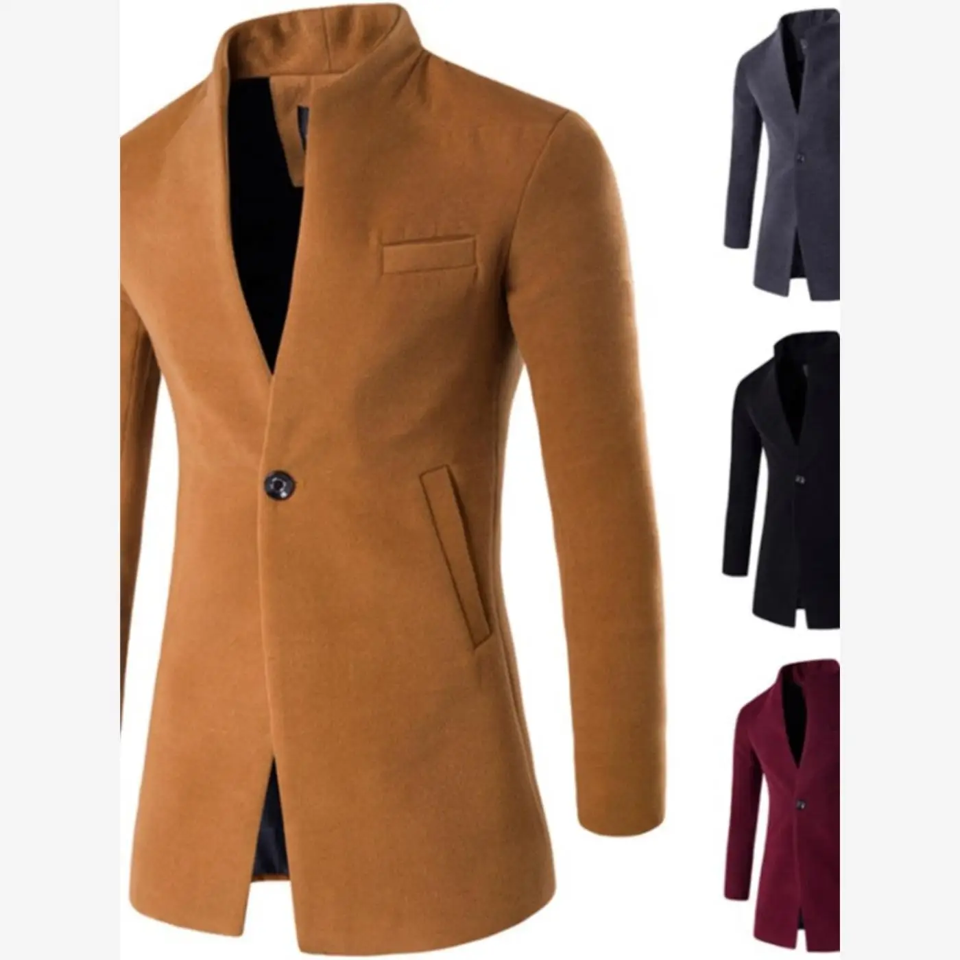 

Men's Winter Long Trench Coat Slim Fit Woolen Jaet Classic Sle Stand Size Faionable Youthful Design No Brand