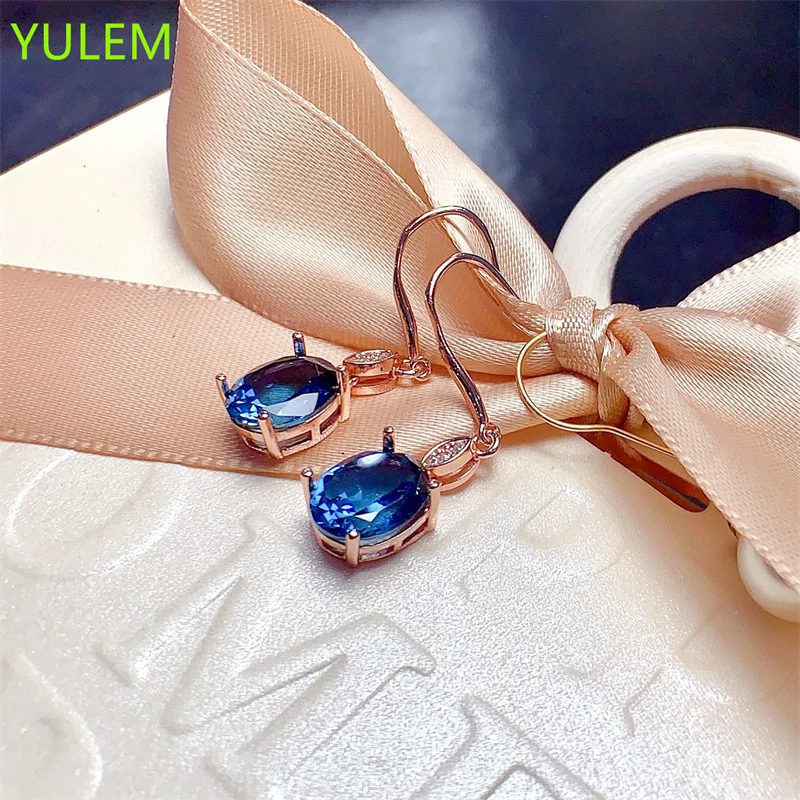 Natural London Blue Topaz  Stud Earrings for Women Silver 925 Femme Gift Prevent Fine Jewelry Earring