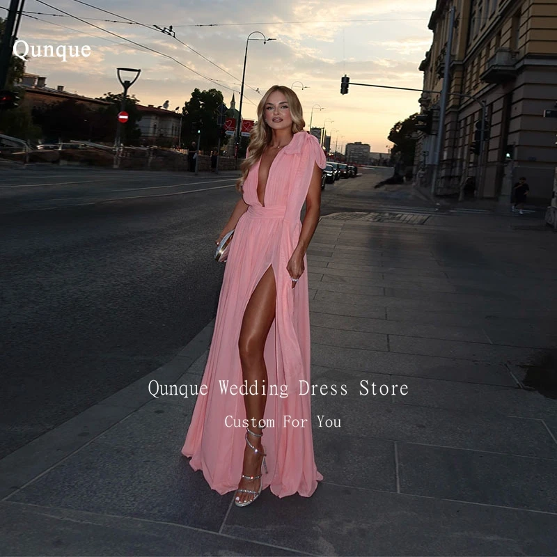 

Qunque Elegant V-neck Chiffon Evening Dress High Split Beach Formal Occasion Dress With Bow Sexy Backless Prom Gowns Customized