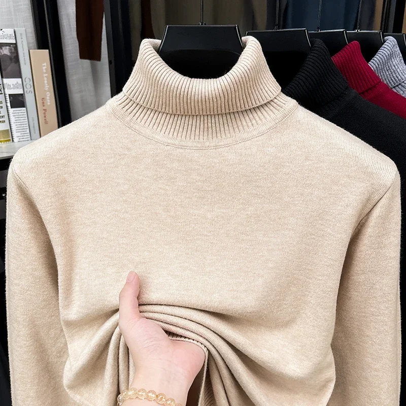 Autumn Male Roll Neck Knitted Jumper Elastic Rib Neckline Long Sleeve Simple Solid Casual Commute Pullover