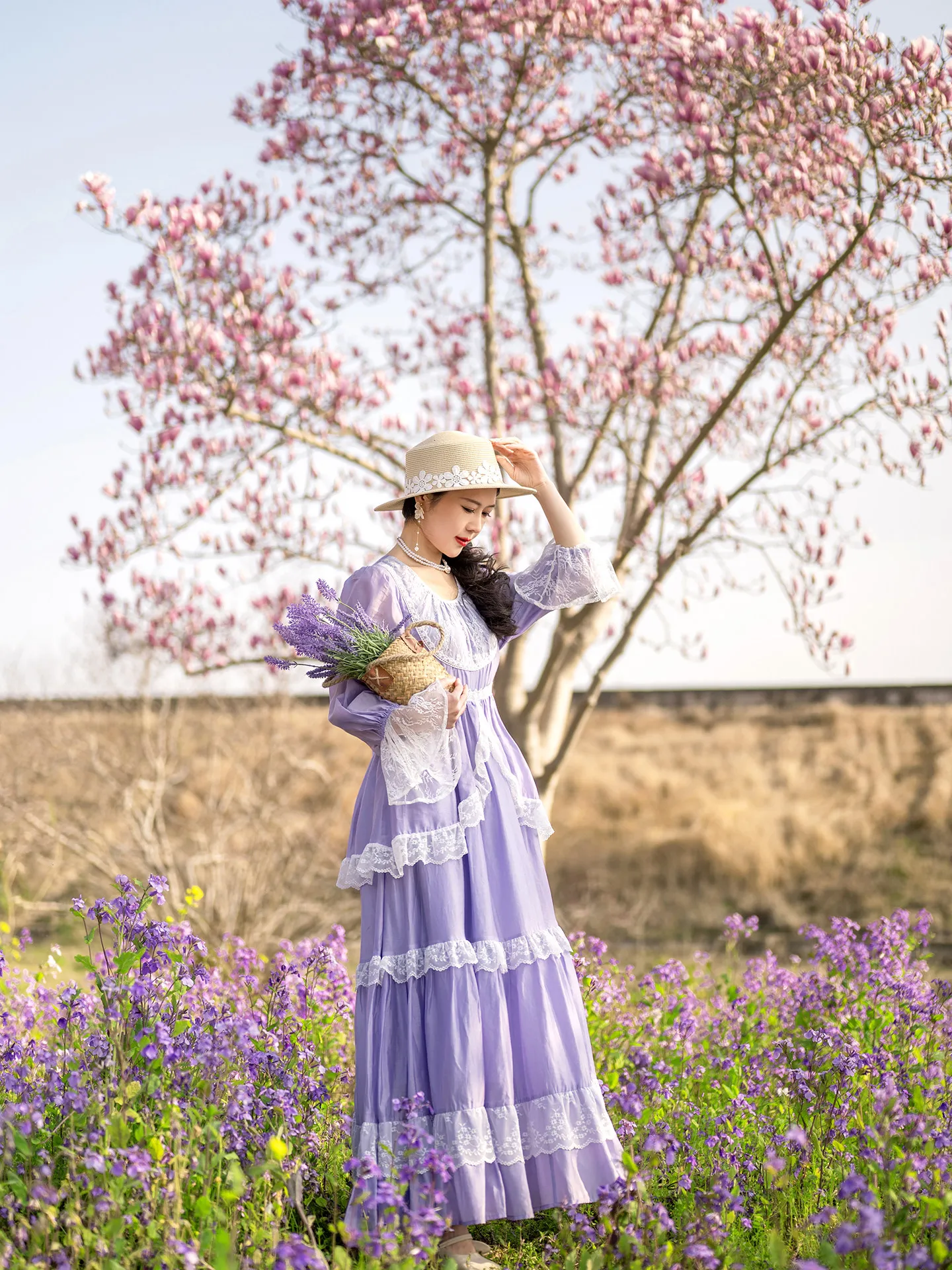 

TIYIHAILEY Womens Summer Spring Full Lantern Sleeve Purple Dresses High Waist S-XL Ruffles Lace Patchwork 2026 New Fashion