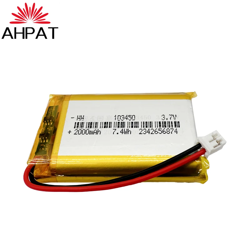 103450 3.7V 2000mAh Polymer Lithium Rechargeable Battery jst PH 2.0mm 2pin plug for Camera GPS navigator MP5 Bluetooth Headset