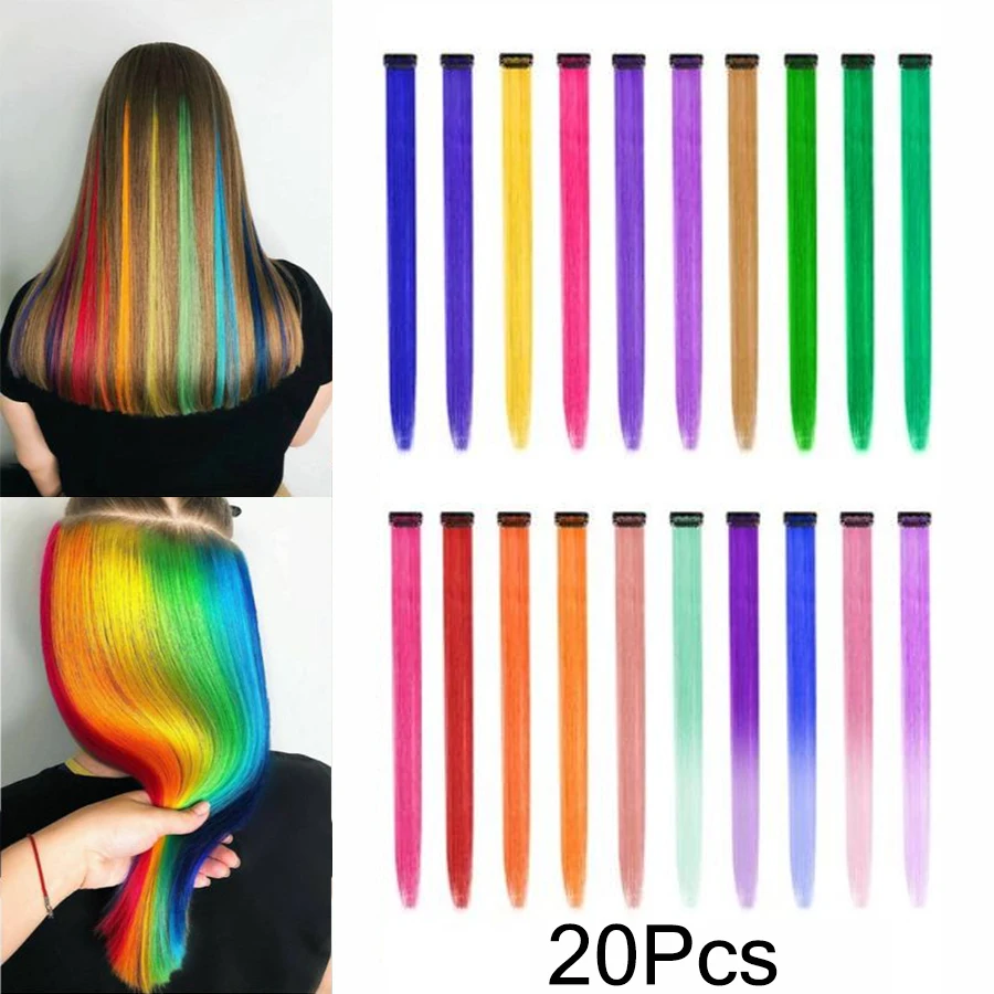 

20Pc Highlights Hair Rainbow Synthetic Clip On Hair Extensions Ombre Colored Clip Hairpiece Colorful Clip Hair Strands For Patry