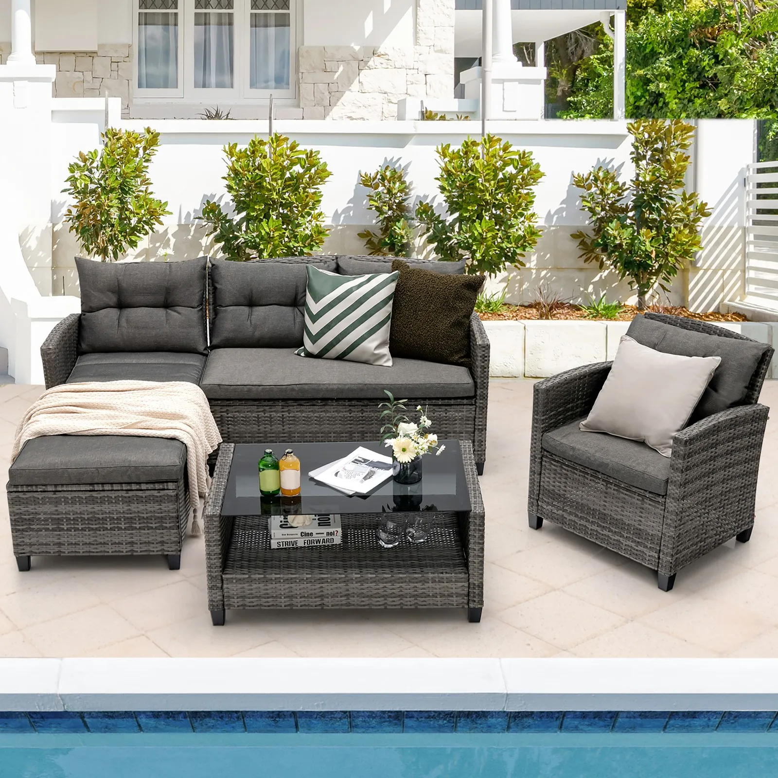

4PCS Rattan Patio Conversation Furniture Set Outdoor Sectional Sofa Set