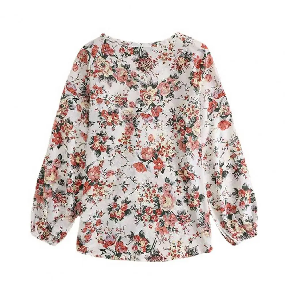 Camisa floral boêmia com gola em v feminina, camisa elástica macia, manga lanterna, elegante, primavera