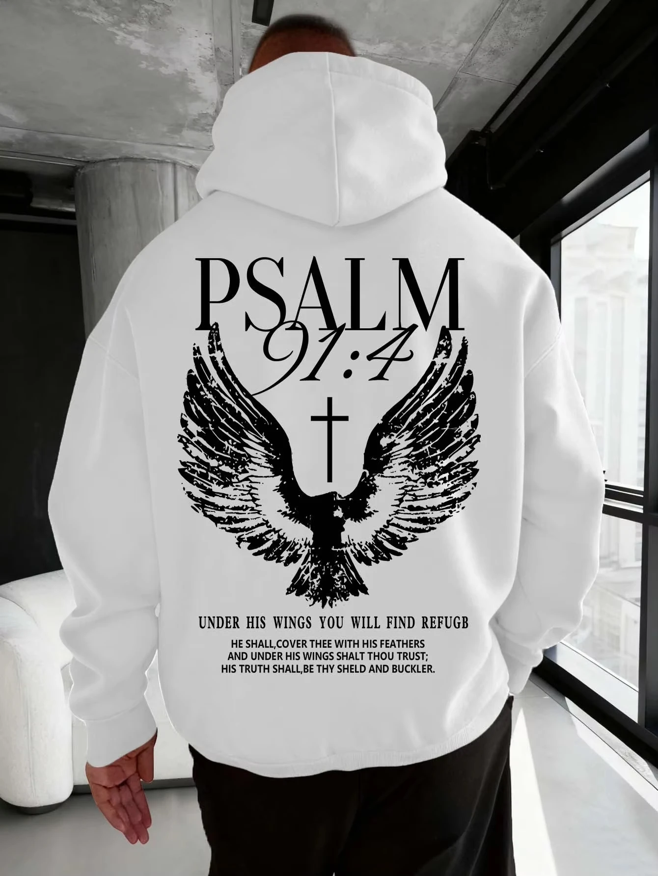 Christian Bible Verse Psalm 91:4 Print Men Women Hooded Sweatshirt Autumn Winter Outdoor Vacation Casual Loose Warm Sportswear