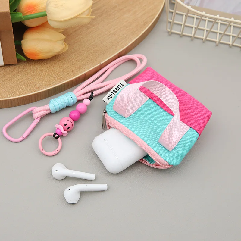 Mini Dopaamine Pink Handbag Earphone Case Storage Box Data Cable Protective Cover Organizer Coin Card Holder Trendy Home Storage
