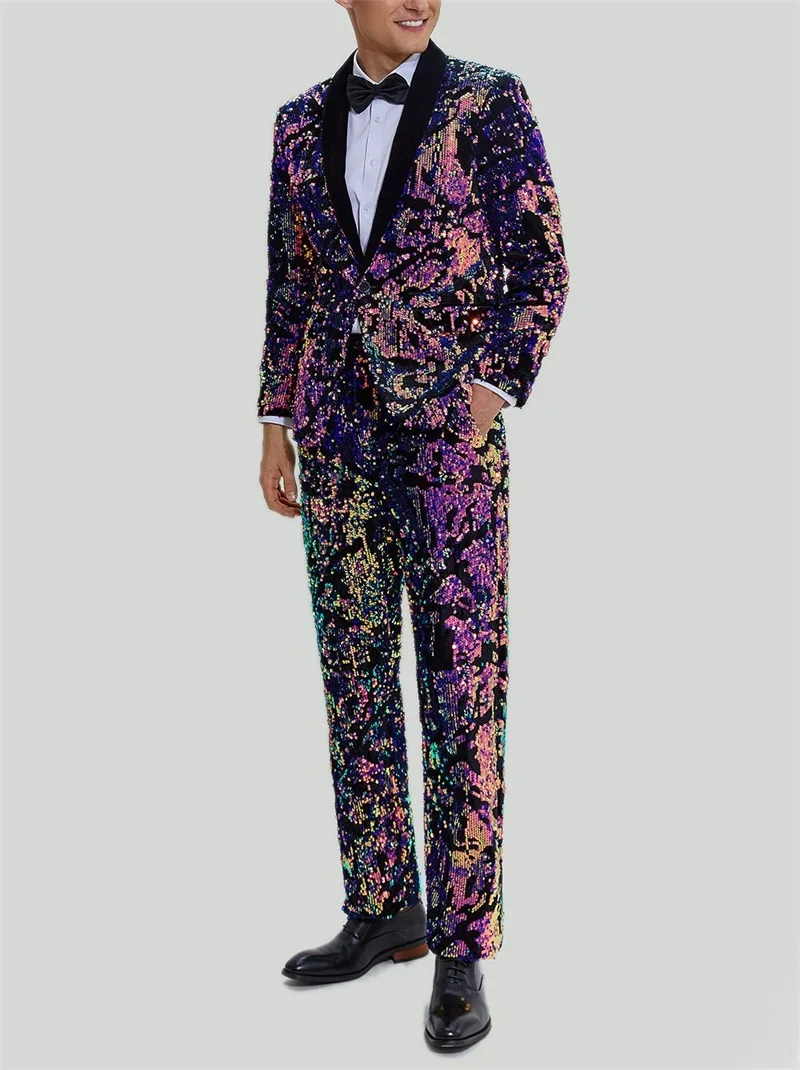Traje Formal de lentejuelas de lujo para hombre, conjunto de Blazer, esmoquin de boda, abrigo de 2 piezas, pantalones, chaqueta de vestir, traje de oficina hecho a medida