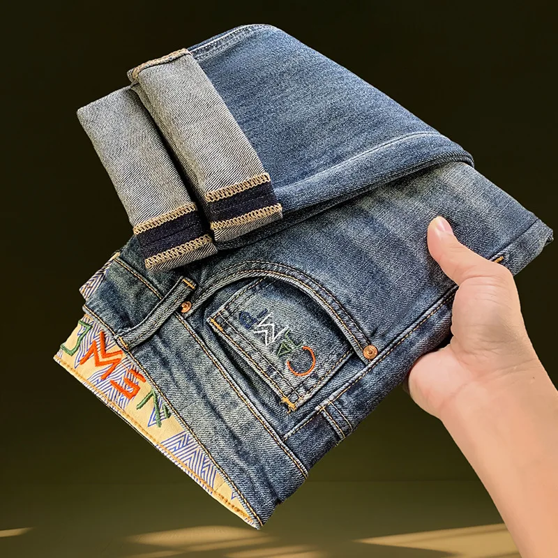 

2025 summer jeans men's high-end retro trend slim fit small feet casual embroidery light luxury versatile pants