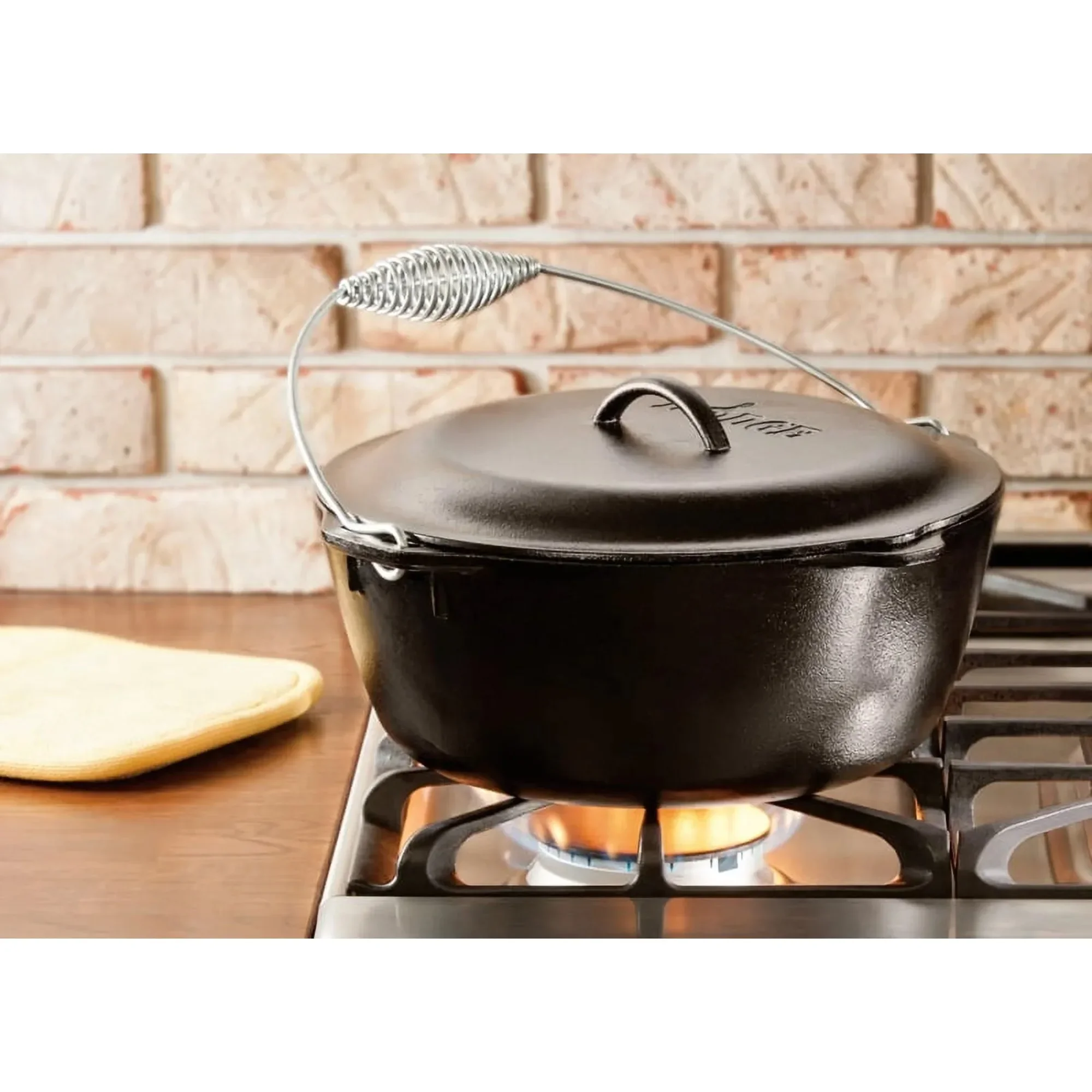 

7QT Cast Iron Dutch Oven with Iron Cover, Oven & Stovetop Safe, For Braising, Stewing, Baking, Even Heat, Durable