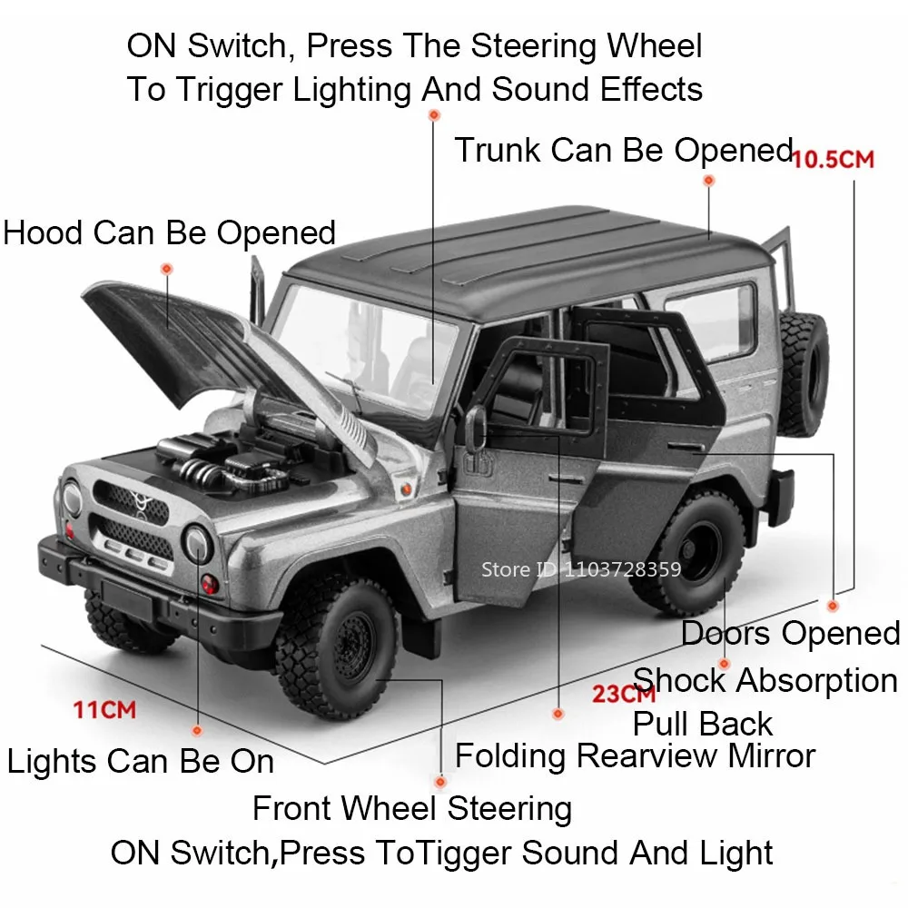 1:18 Scale UAZ Hunter VAN Car Toy Models Alloy Diecast Off-road Vehicles Sound Light Doors Opened Pull Back for Children Gifts