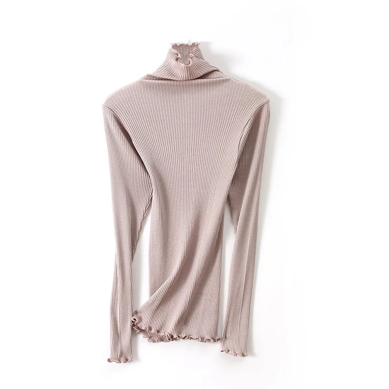 

Шелковая хлопковая футболка в рубчик с высоким воротником, осенние женские высокоэластичные тонкие топы из шелкового шелка с длинными рукавами