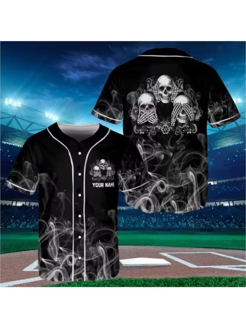 Customizable Horror Skeleton Streetwear Baseball Jersey Men Personalized 3D All‑Over‑Print Unisex Hip Hop Button Baseball Tops