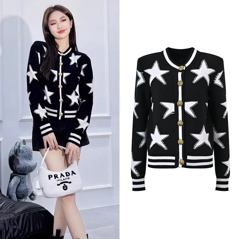 

Spring 2024 ort Knitted Open Cardigan Star Embroidery Design Sensation Age-Defng Slim Fit Commute Sle Women's Kni...